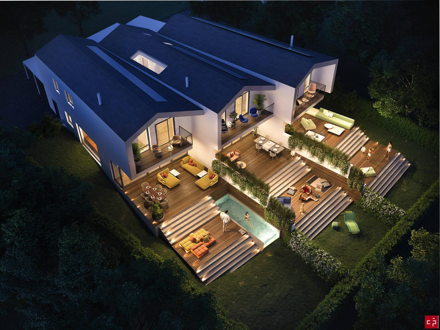 Vue aérienne des trois villas de nuit : toitures anthracite, fenêtres de toit et jardins en terrasses.