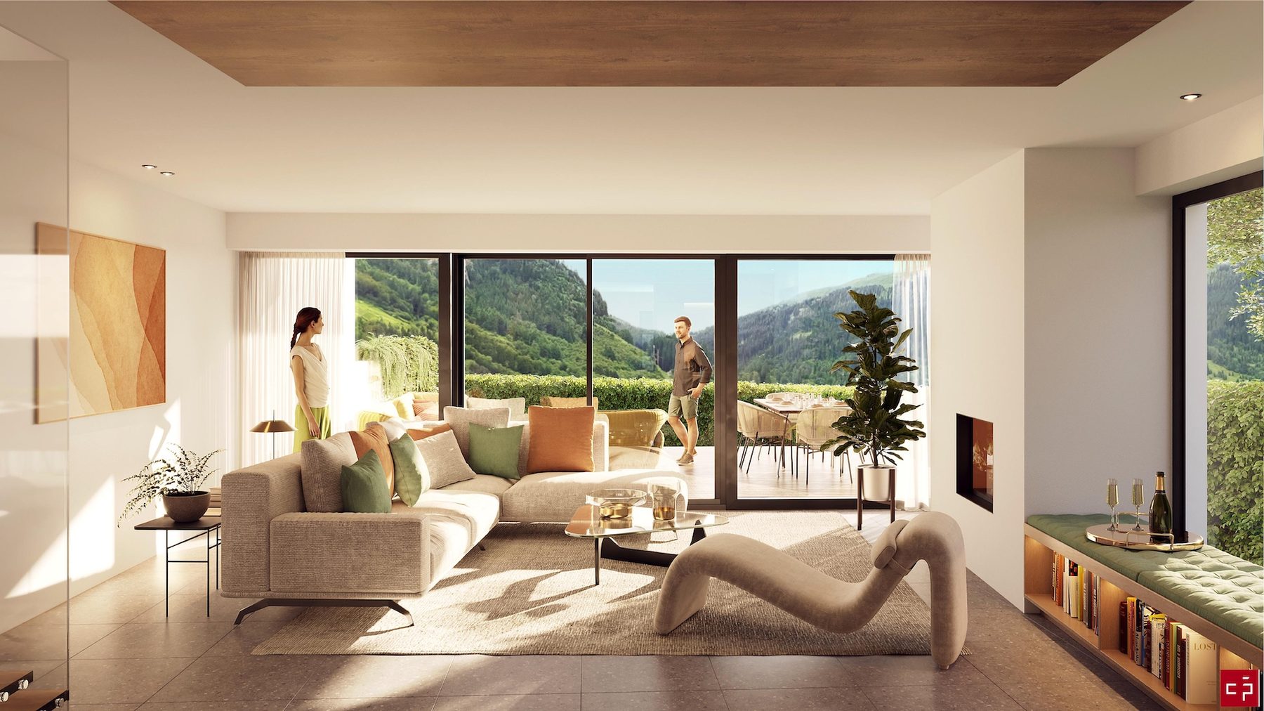 Salon devant une grande baie vitrée ouvrant sur la terrasse et les montagnes du Val de Bagnes.