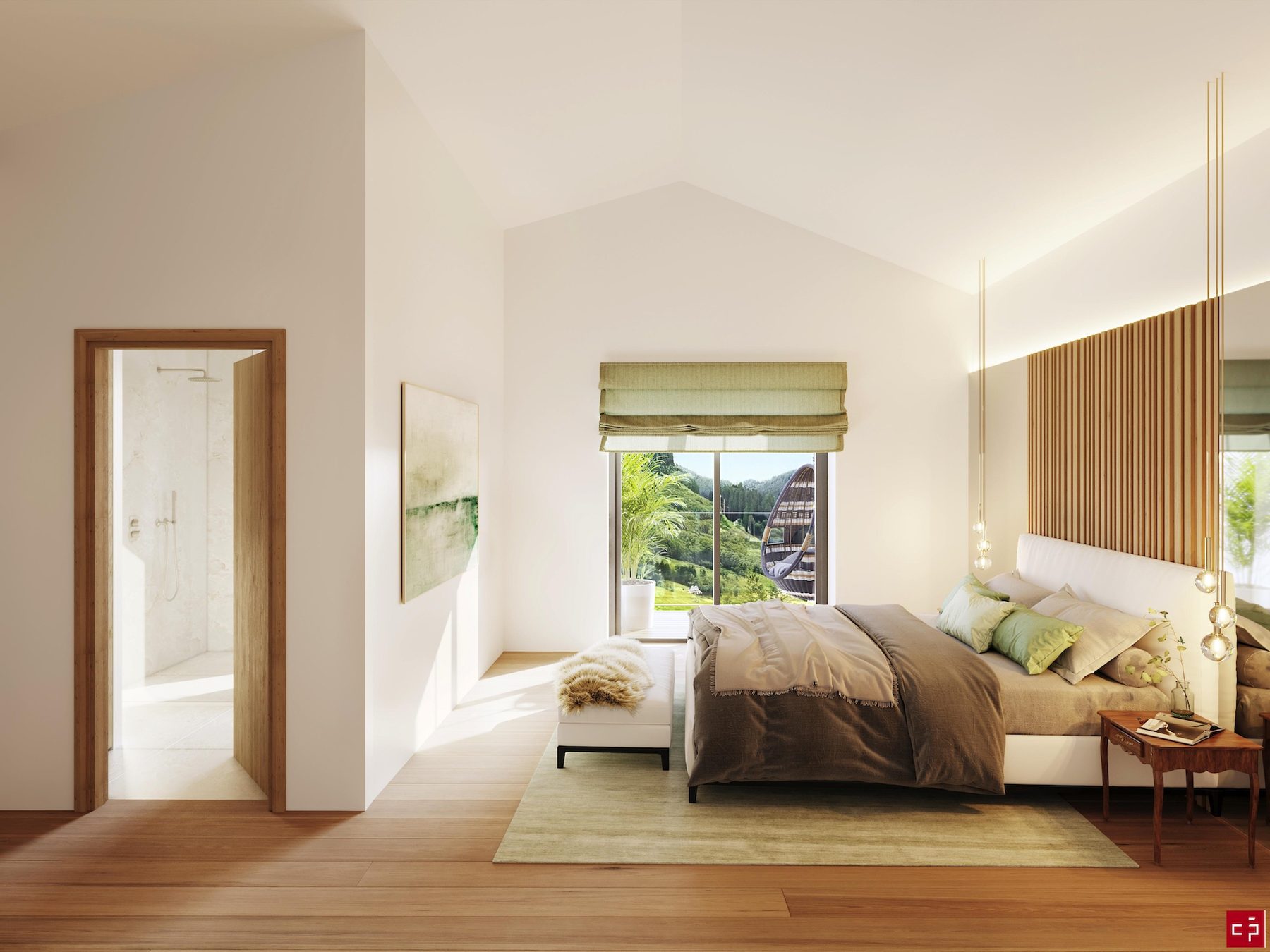 Suite parentale sous plafond cathédrale, parquet chêne, salle de douche attenante et porte-fenêtre sur le balcon.