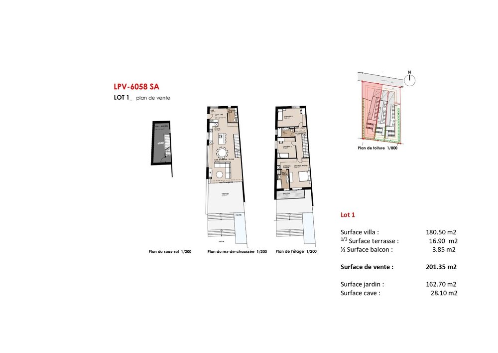 Plan de vente du lot 1 : sous-sol, rez-de-chaussée et étage, avec le tableau des surfaces.