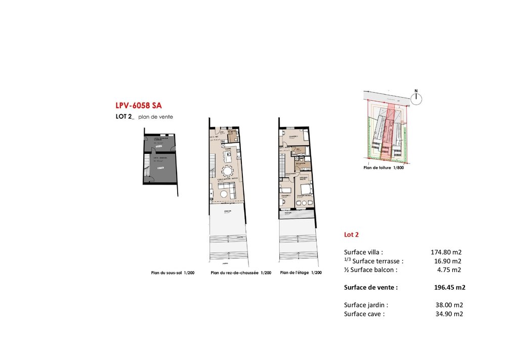 Plan de vente du lot 2 : sous-sol, rez-de-chaussée et étage, avec le tableau des surfaces.