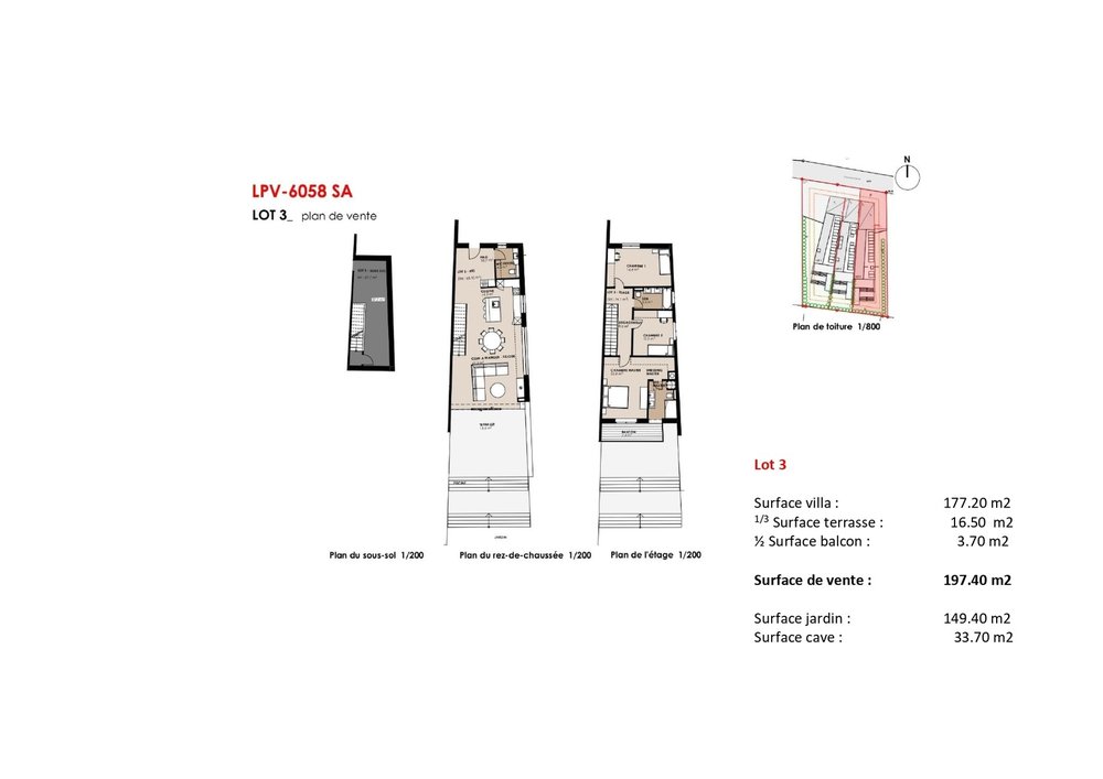 Plan de vente du lot 3 : sous-sol, rez-de-chaussée et étage, avec le tableau des surfaces.