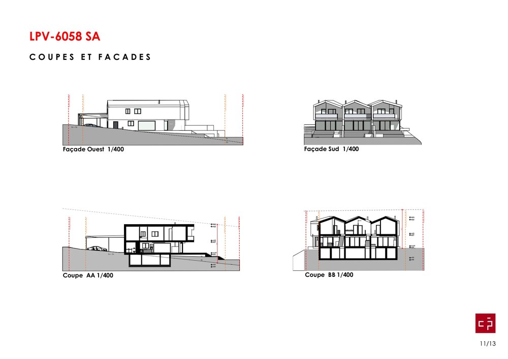 Façades ouest et sud, coupes AA et BB des trois villas.