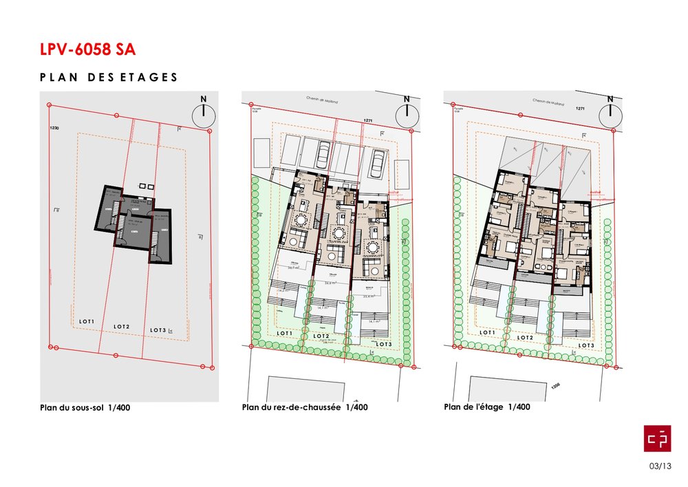 Plans du sous-sol, du rez-de-chaussée et de l'étage des trois villas sur la parcelle.