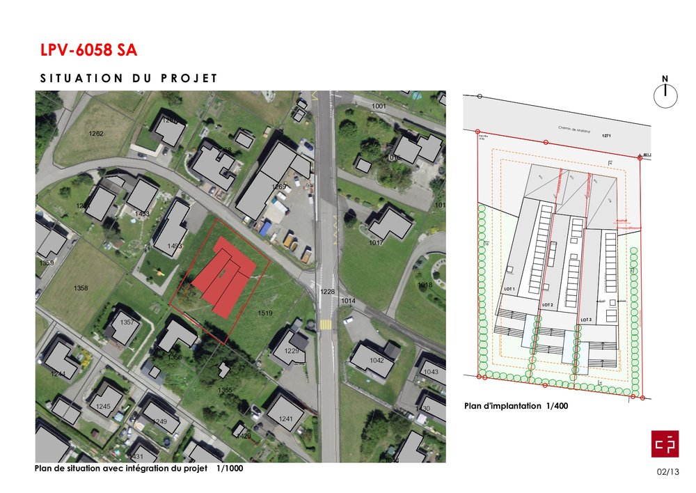 Plan de situation avec intégration du projet et plan d'implantation des trois lots.